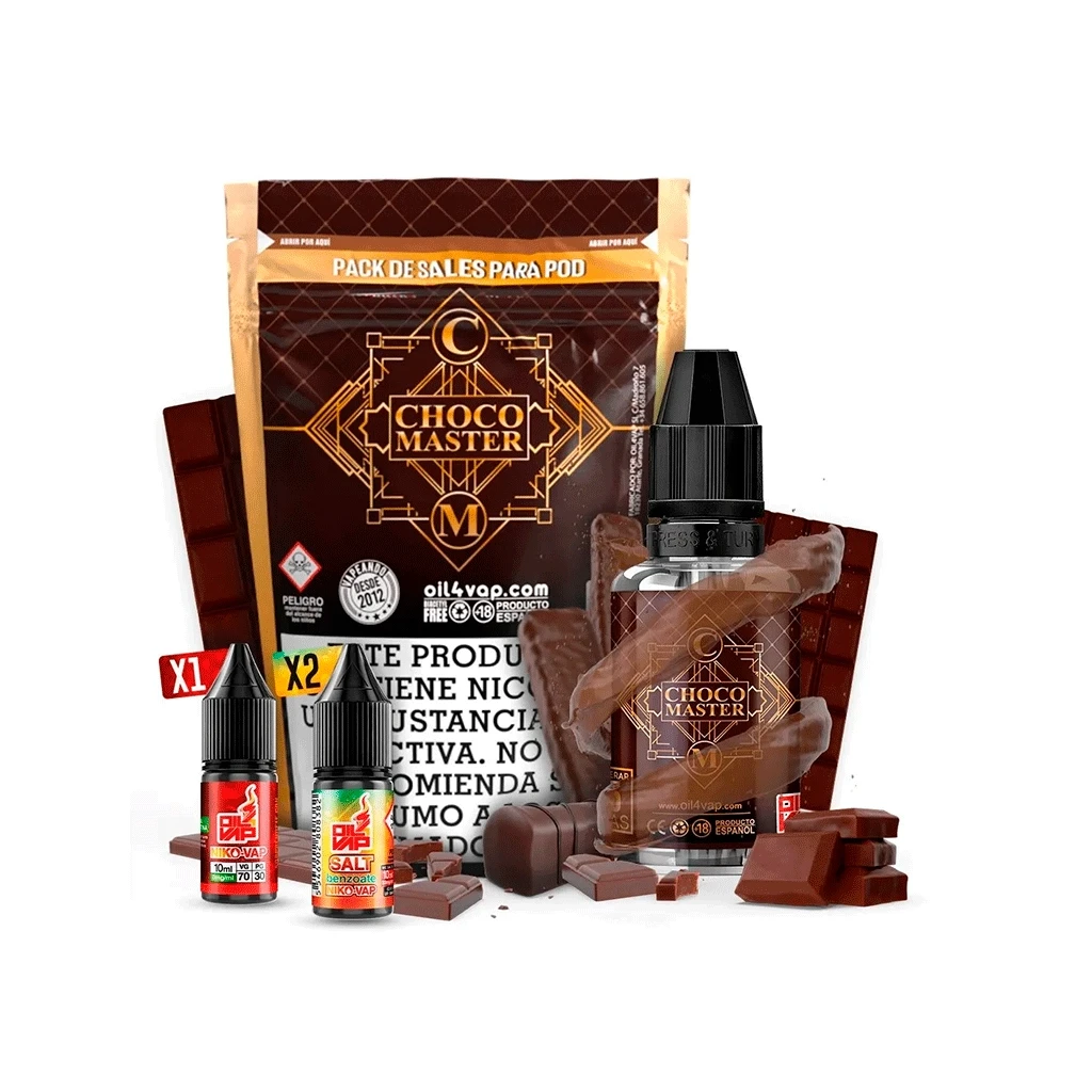 Choco Master de Oil4vap con bolsa marrón y dorada, frasco grande y pequeños botes de etiquetas distintas, rodeados de chocolate.