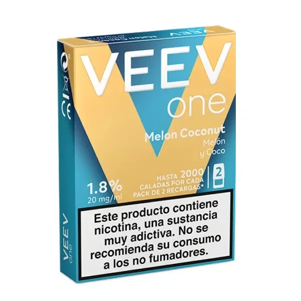 Caja de recargas VEEV One Melón Coco en amarillo y turquesa, con indicación de 20 mg/ml y advertencia sobre la nicotina.