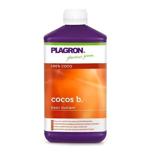 Botella morada de Plagron Cocos B con tapón blanco y etiqueta naranja que indica «100% COCO» y «basic nutrient», sobre fondo blanco. Botella morada de Plagron Cocos B con tapón blanco y etiqueta naranja que indica «100% COCO» y «basic nutrient», sobre fondo blanco.