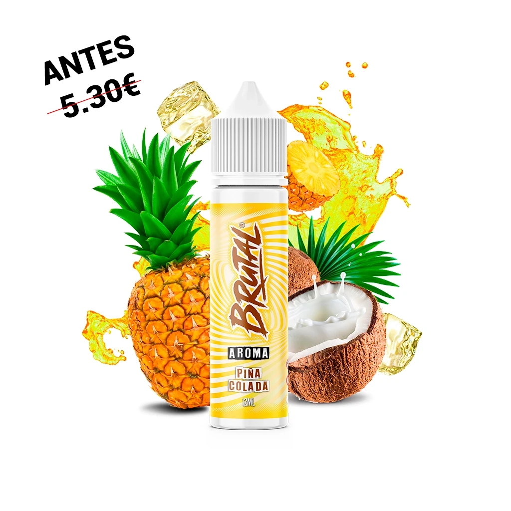 Frasco de Brutal Piña Colada de 12 ml con etiqueta amarilla y tapón blanco, rodeado de piña, coco, cubitos y salpicaduras ilustradas.