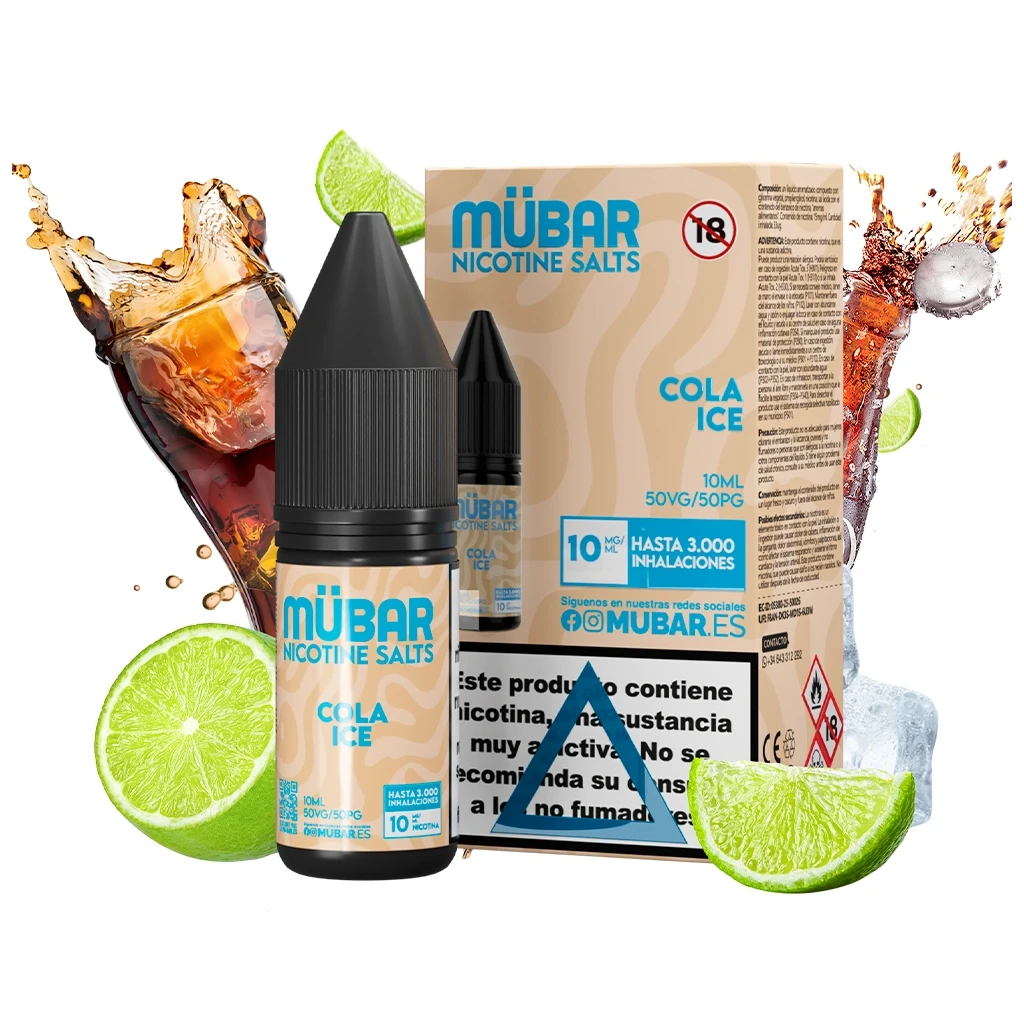 Frasco y caja de Mübar Salts Cola Ice, con etiquetas beige y turquesa, rodeados de limas, hielo y salpicaduras de refresco.