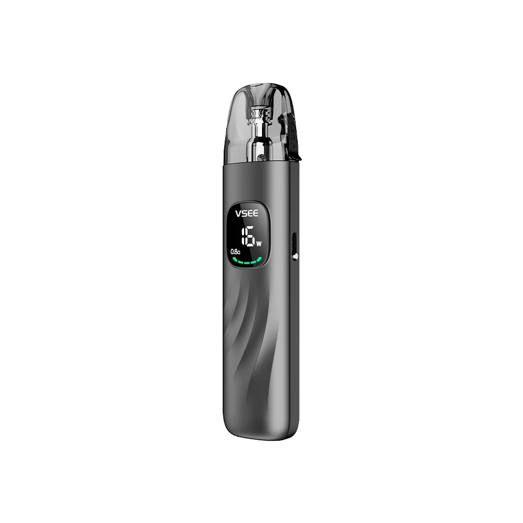 Hellvape Vsee One gris oscuro, con pod translúcido, relieves curvos y pantalla frontal que muestra 16 W y 0,8 Ω.