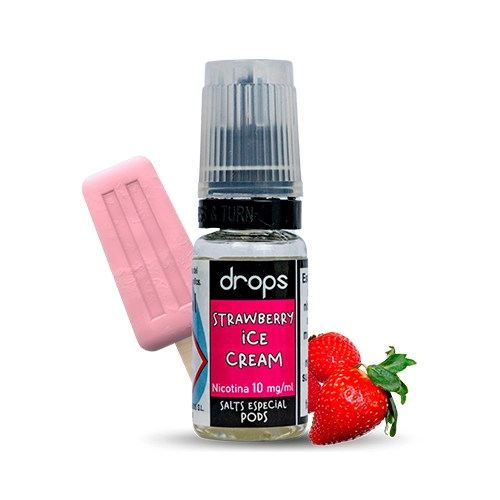 Frasco Drops Strawberry Ice Cream con etiqueta de nicotina de 10 mg/ml, junto a un polo rosa y fresas sobre fondo blanco.