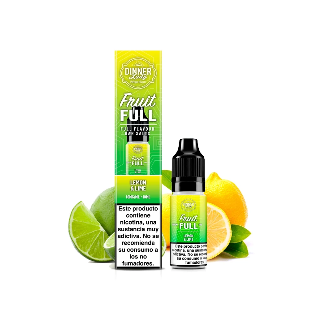 Frasco y caja de Dinner Lady Fruit Full Lemon & Lime, con etiqueta de 10 mg/ml, advertencia de nicotina y limones y limas alrededor.