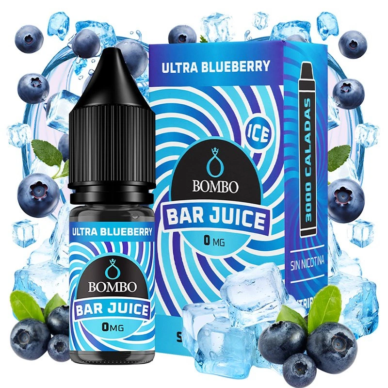 Frasco y caja azul de Ultra Blueberry Ice Bar Juice de Bombo, con indicación de 0 mg, rodeados de arándanos, hojas y cubitos de hielo.