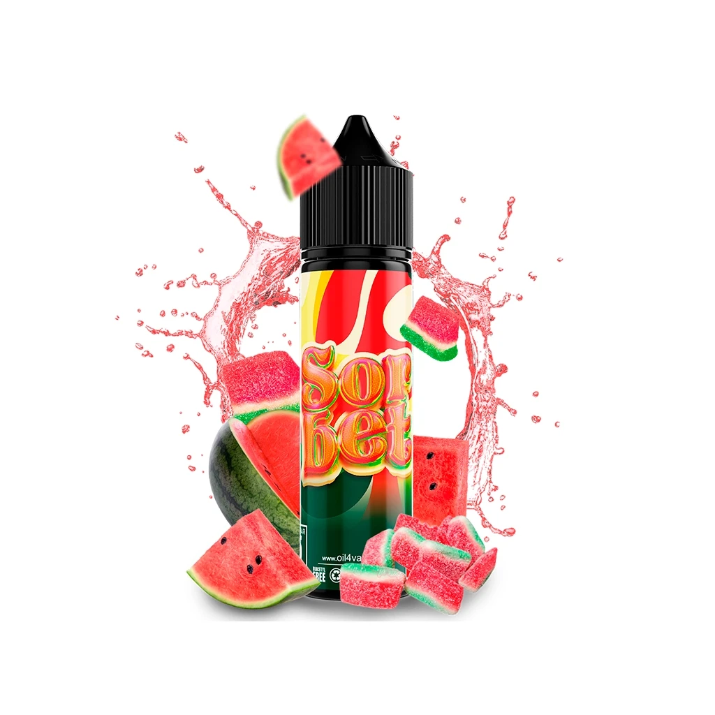 Frasco Oil4vap Sorbet con tapón negro y etiqueta multicolor, entre trozos de sandía, golosinas rojas y verdes y una salpicadura rosa.
