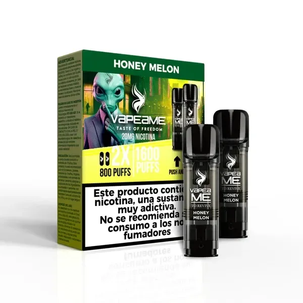 Pods negros To Revive Honey Melon junto a su caja verde y amarilla, con un alienígena ilustrado, indicación de 20 mg y advertencia sobre nicotina.