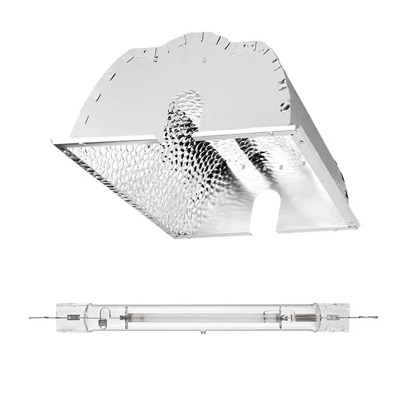 Kit de reemplazo Gavita con reflector plateado de superficie texturizada y lámpara tubular de doble extremo, separados sobre fondo blanco.