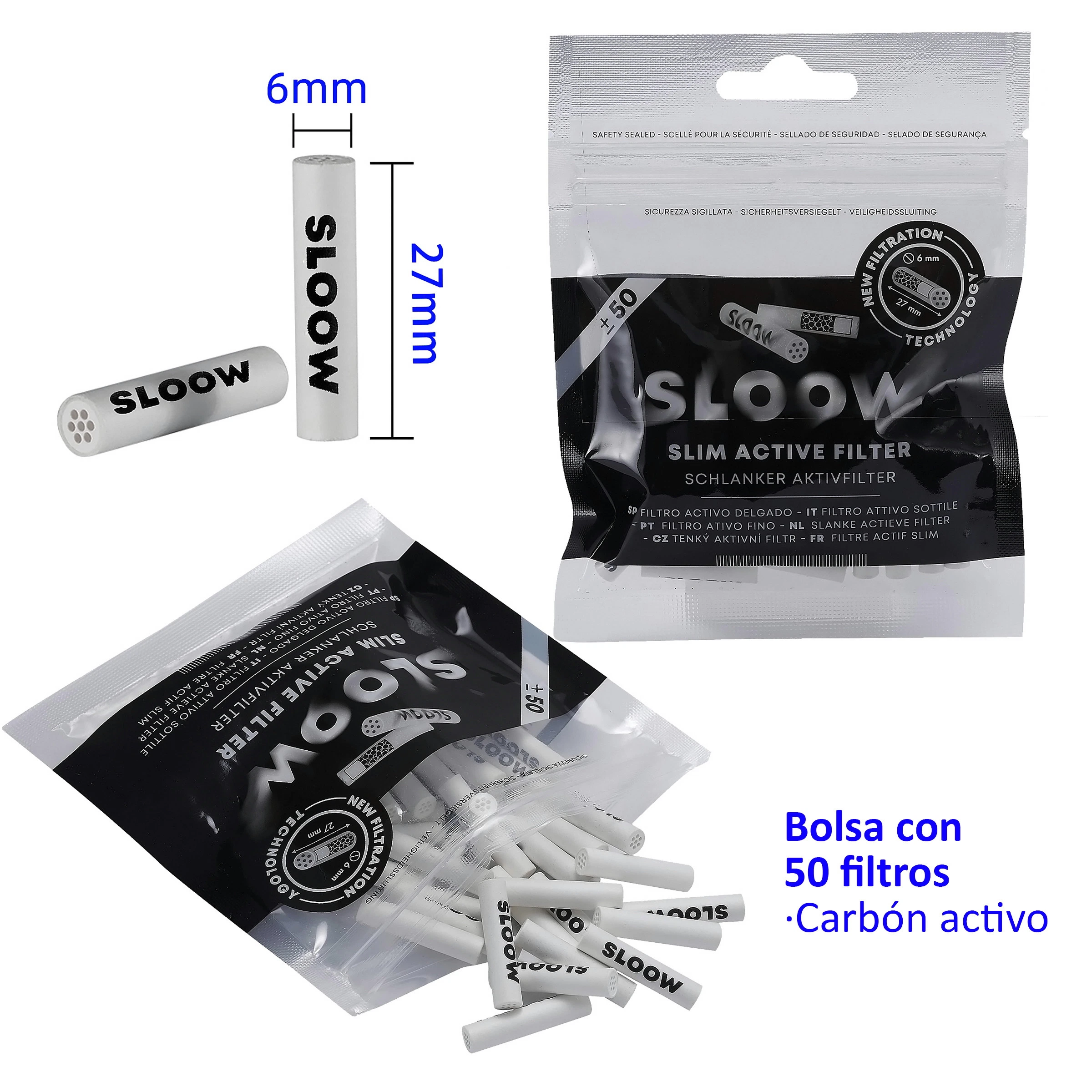 Filtros blancos Sloow con extremos perforados, junto a una bolsa cerrada y otra abierta; el texto indica 50 filtros de carbón activo.