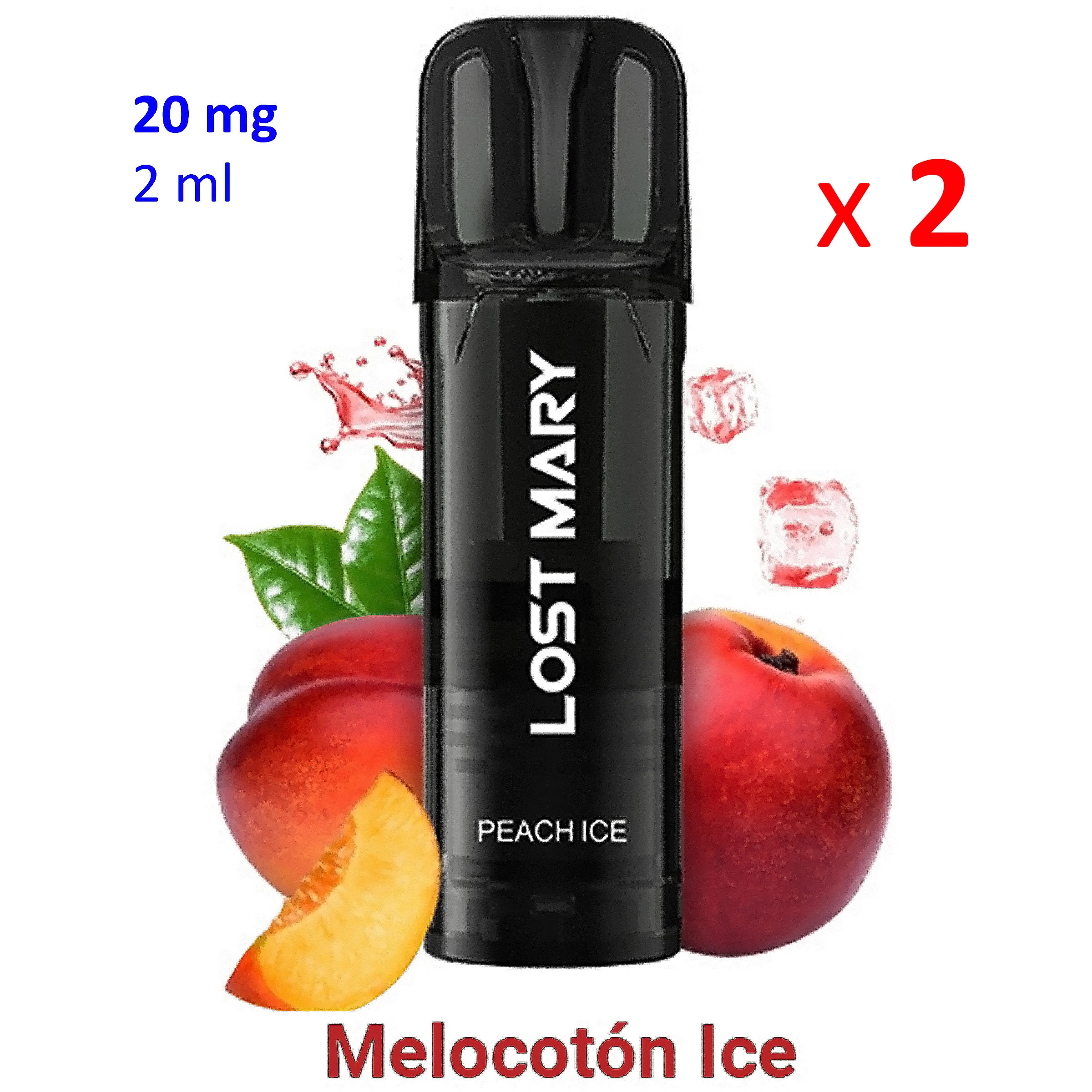 Dispositivo negro Lost Mary Peach Ice rodeado de melocotones y cubitos de hielo, con los rótulos «20 mg», «2 ml» y «x 2».