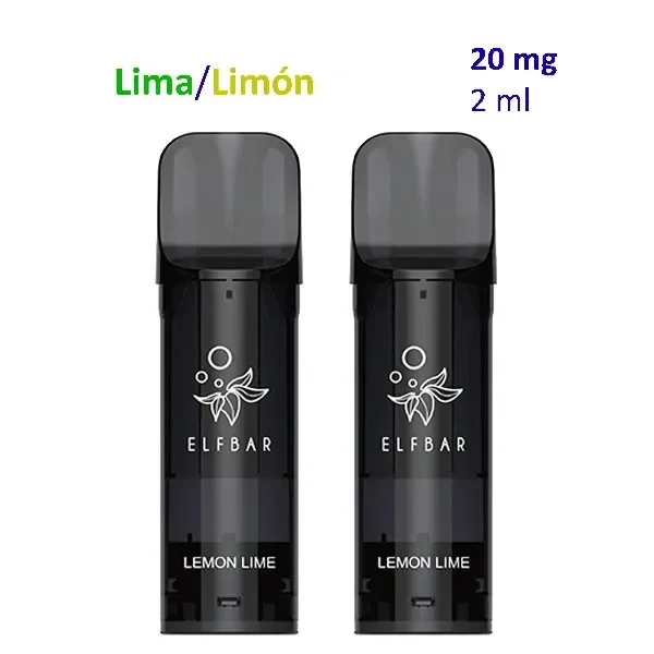 Pods negros Elfbar Lemon Lime con boquillas grises sobre fondo blanco, acompañados de los textos «Lima/Limón», «20 mg» y «2 ml».