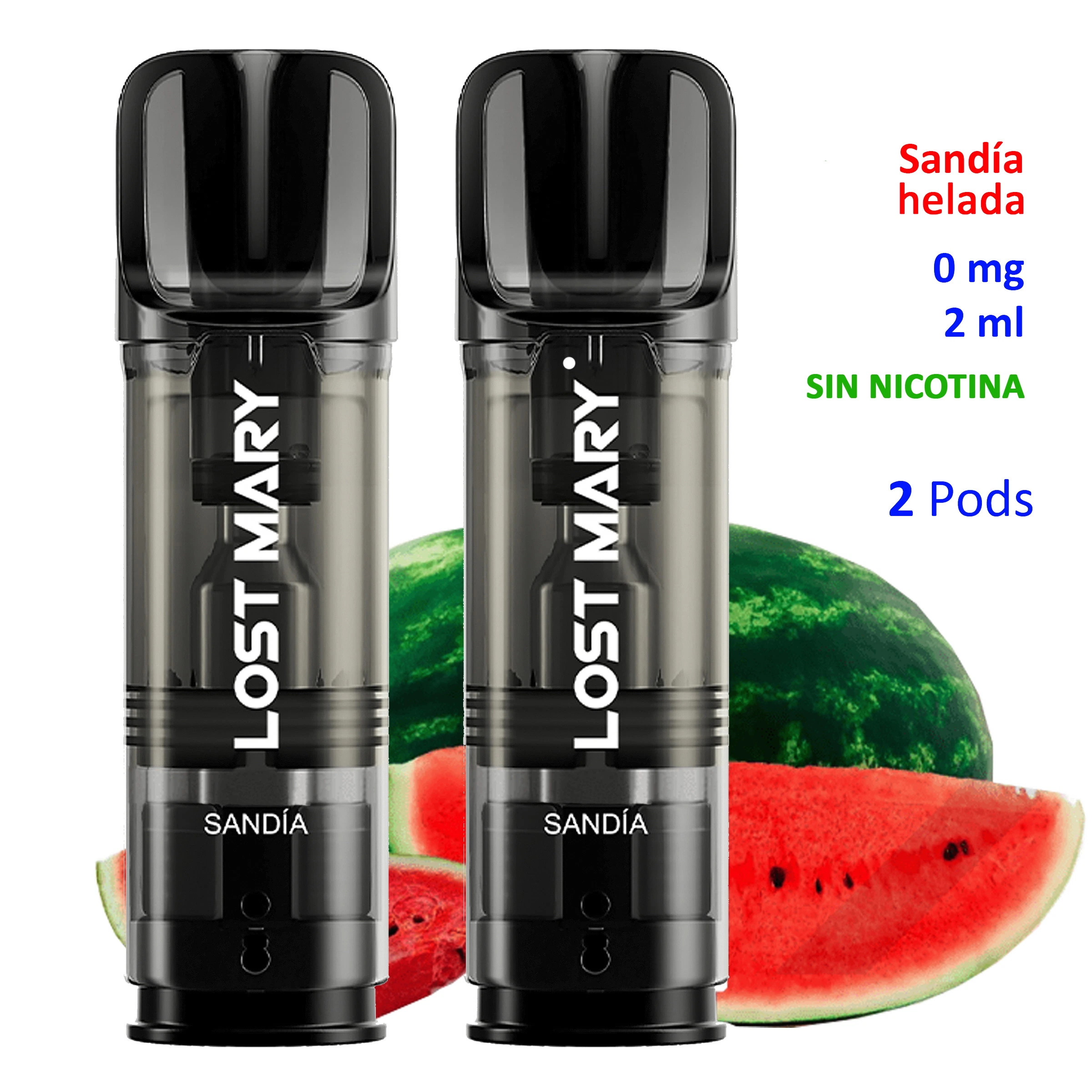 Pods Lost Mary TAPPO Watermelon Ice negros y translúcidos, con sandía al fondo y texto de 0 mg, 2 ml y sin nicotina.