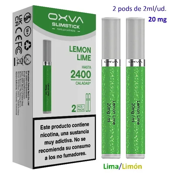 Caja OXVA SlimStick Lemon Lime junto a pods verdes con boquillas grises; texto de 2 ml por unidad, 20 mg y advertencia sobre nicotina.