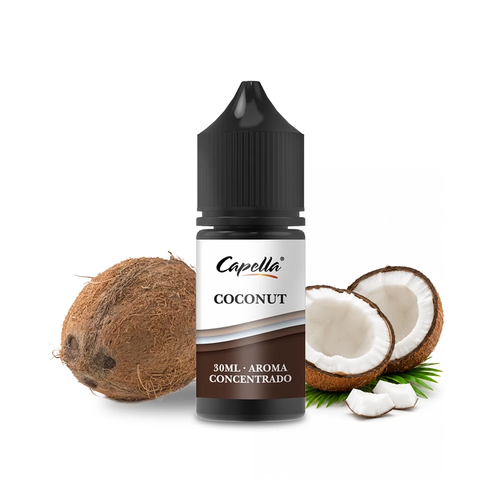 Frasco Capella Coconut de 30 ml con tapón negro y etiqueta de aroma concentrado, junto a un coco entero, mitades y trozos de coco.
