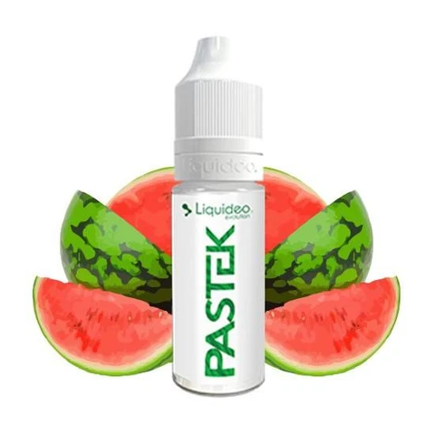 Frasco blanco de e-líquido Liquideo Pastek con letras verdes, rodeado de ilustraciones de sandía entera y en rodajas.