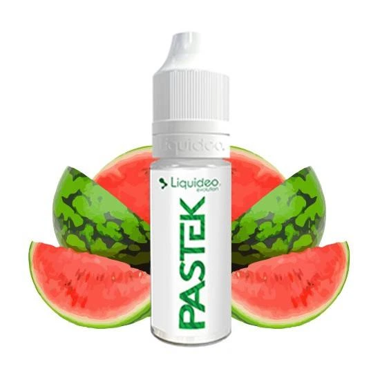 Frasco blanco de e-líquido Liquideo Pastek con letras verdes, rodeado de ilustraciones de sandía entera y en rodajas.