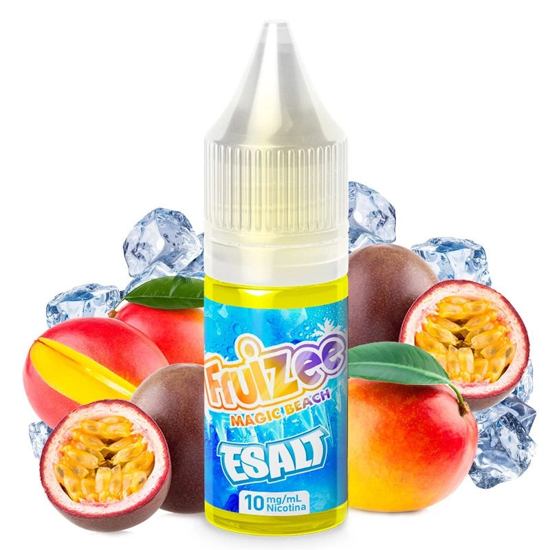 Frasco Fruizee Magic Beach E-salt con etiqueta de 10 mg/ml de nicotina, rodeado de mangos, maracuyás y cubitos de hielo.