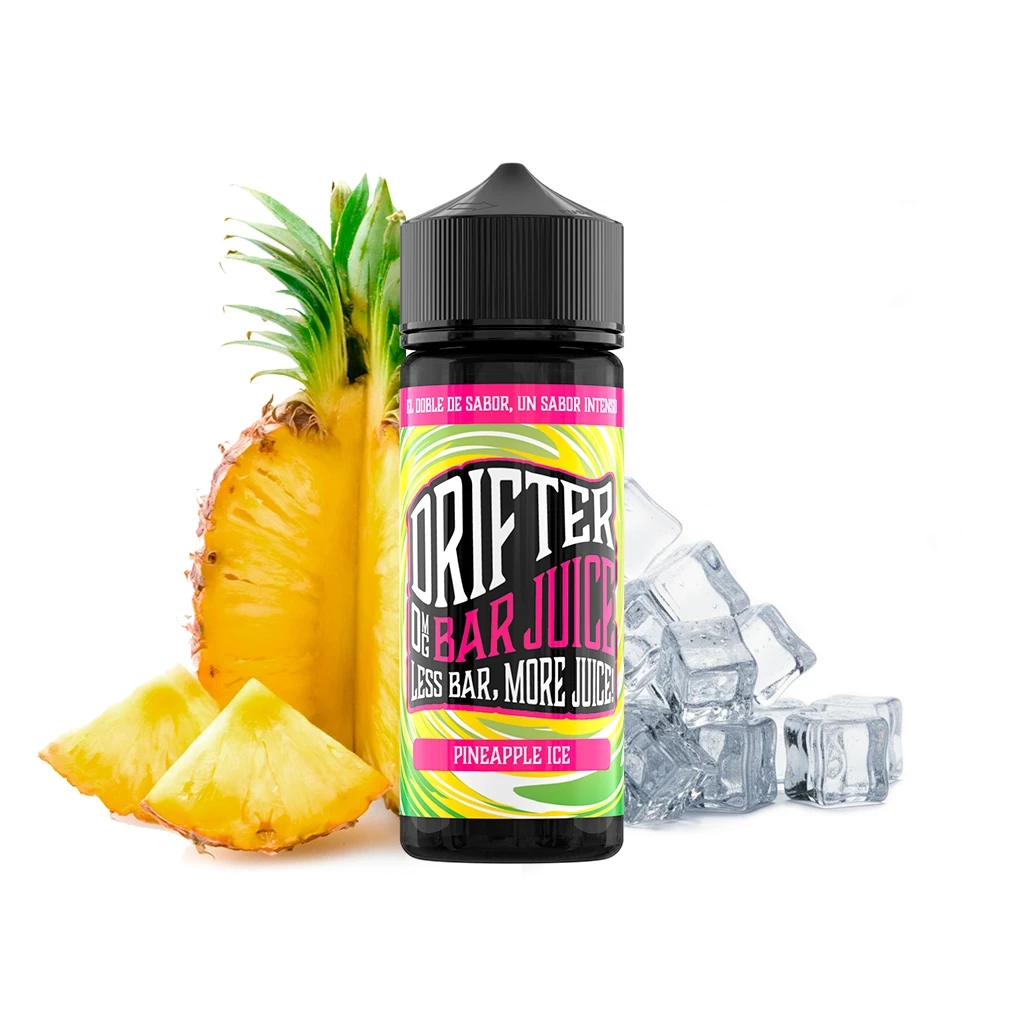 Botella Drifter Bar Pineapple Ice Longfill con tapón negro y etiqueta verde y rosa, junto a piña cortada y cubitos de hielo.