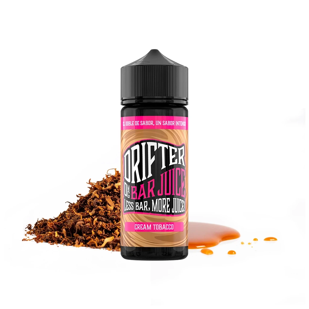 Botella Drifter Bar Cream Tobacco Longfill con tapón negro y etiqueta marrón y rosa, junto a tabaco suelto y líquido ámbar.