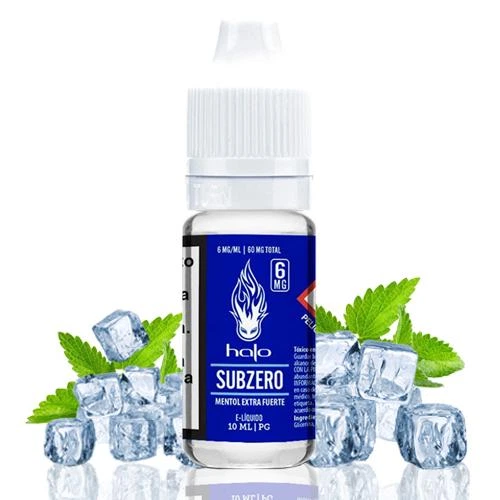 Frasco Halo Subzero de 10 ml con tapón blanco y etiqueta azul de 6 mg/ml, acompañado de hojas verdes y cubitos de hielo.