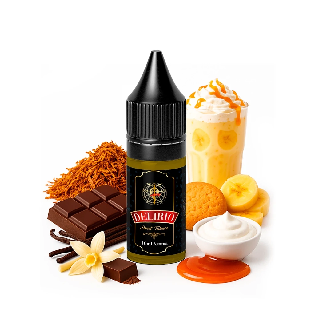 Frasco de aroma Delirio con tapón negro, rodeado de chocolate, vainilla, tabaco, plátano y un vaso con nata sobre fondo blanco.