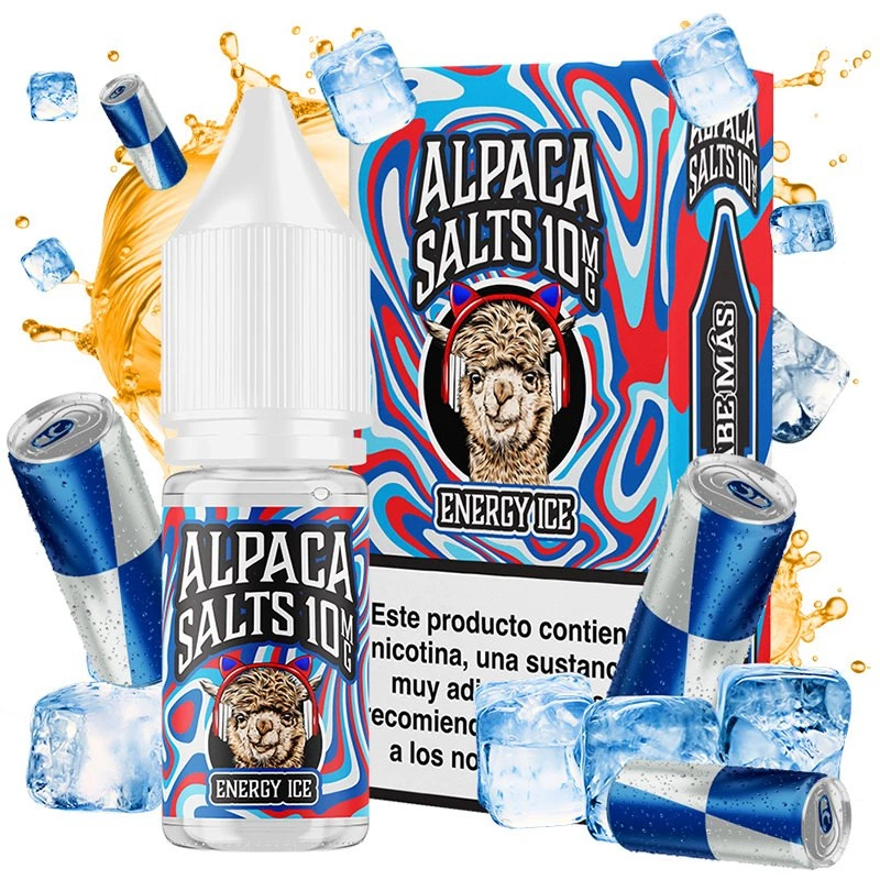 Frasco y caja de Energy Ice de Alpaca Salts con diseño rojo y azul y una alpaca con auriculares, rodeados de latas y hielo.