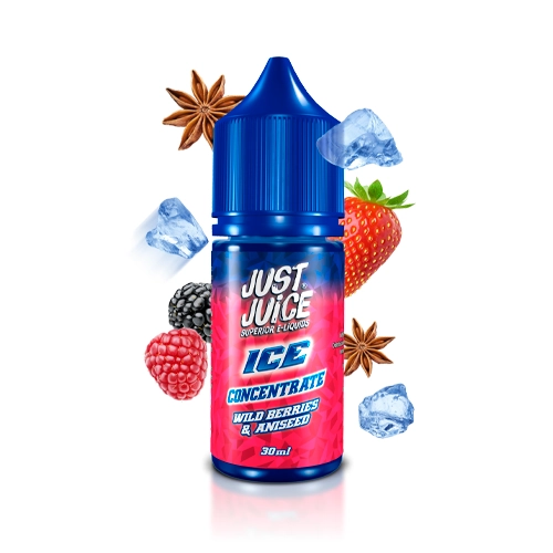 Frasco Just Juice Ice Wild Berries & Aniseed de 30 ml, con tapón azul, rodeado de frutos rojos, anís estrellado y cubitos de hielo.