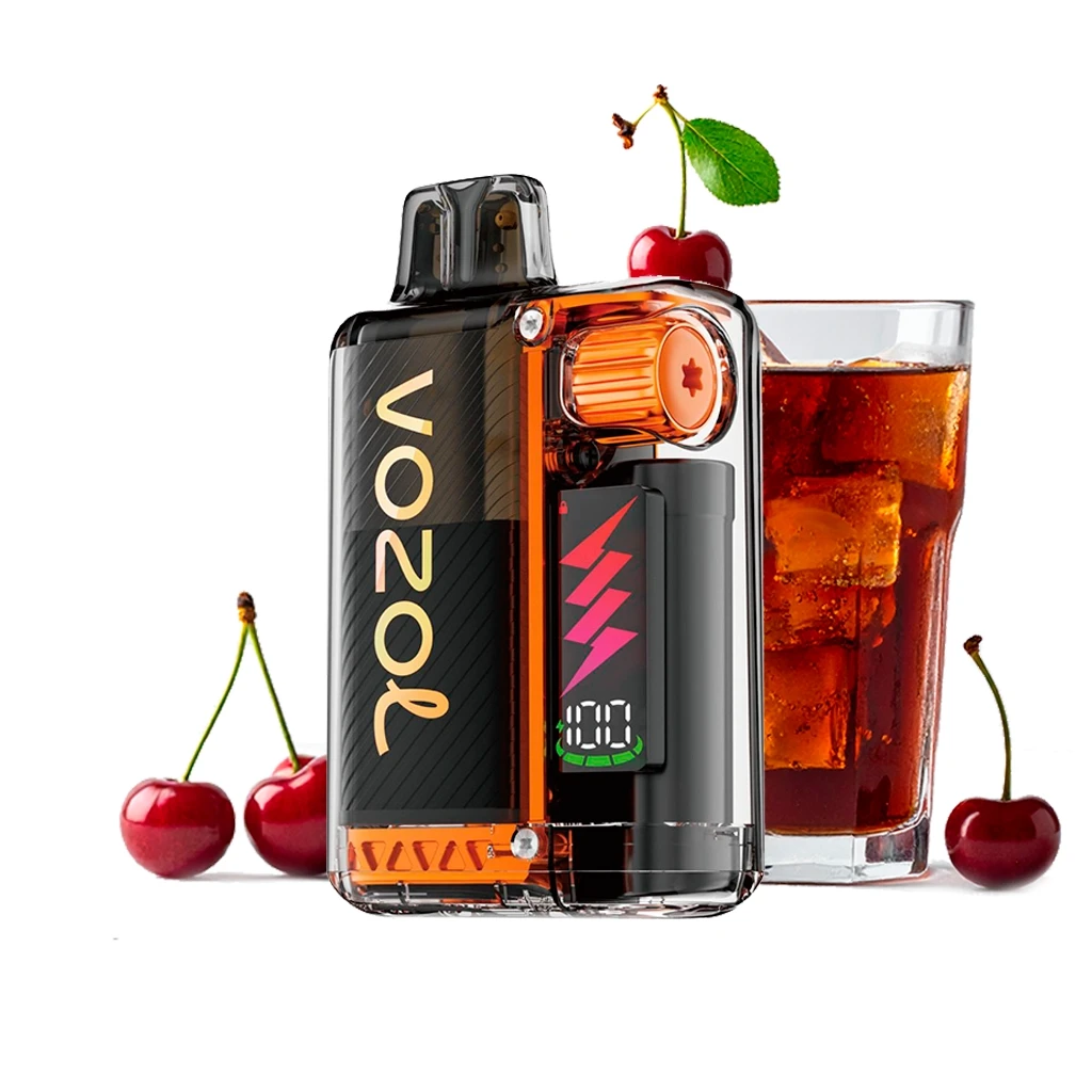 Vozol Vista Plug 2+10 Kit Cherry Cola negro y naranja, con pantalla frontal, junto a cerezas y un vaso de refresco con hielo.