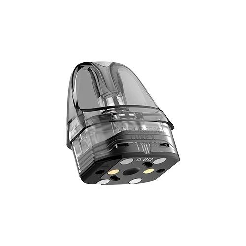 Pod de recambio Vaporesso Luxe X translúcido gris, inclinado para mostrar la boquilla, los contactos de la base y la marca 0,8 Ω.