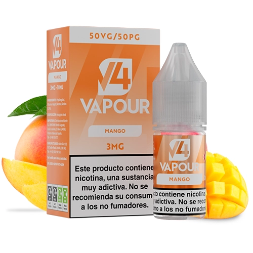 Frasco y caja naranja de V4 Vapour Mango, con indicaciones 3 mg y 50VG/50PG, advertencia sobre nicotina y mangos alrededor.