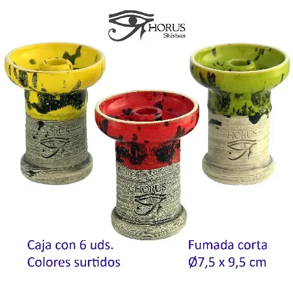 Selección de cazoletas con parte superior amarilla, roja o verde, manchas negras, base de aspecto rugoso y logotipo Horus. Selección de cazoletas con parte superior amarilla, roja o verde, manchas negras, base de aspecto rugoso y logotipo Horus.