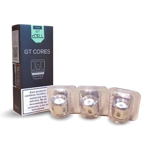 Resistencias Vaporesso GT CELL en blísteres individuales junto a su caja negra, con el texto GT CORES y un dibujo de la resistencia.