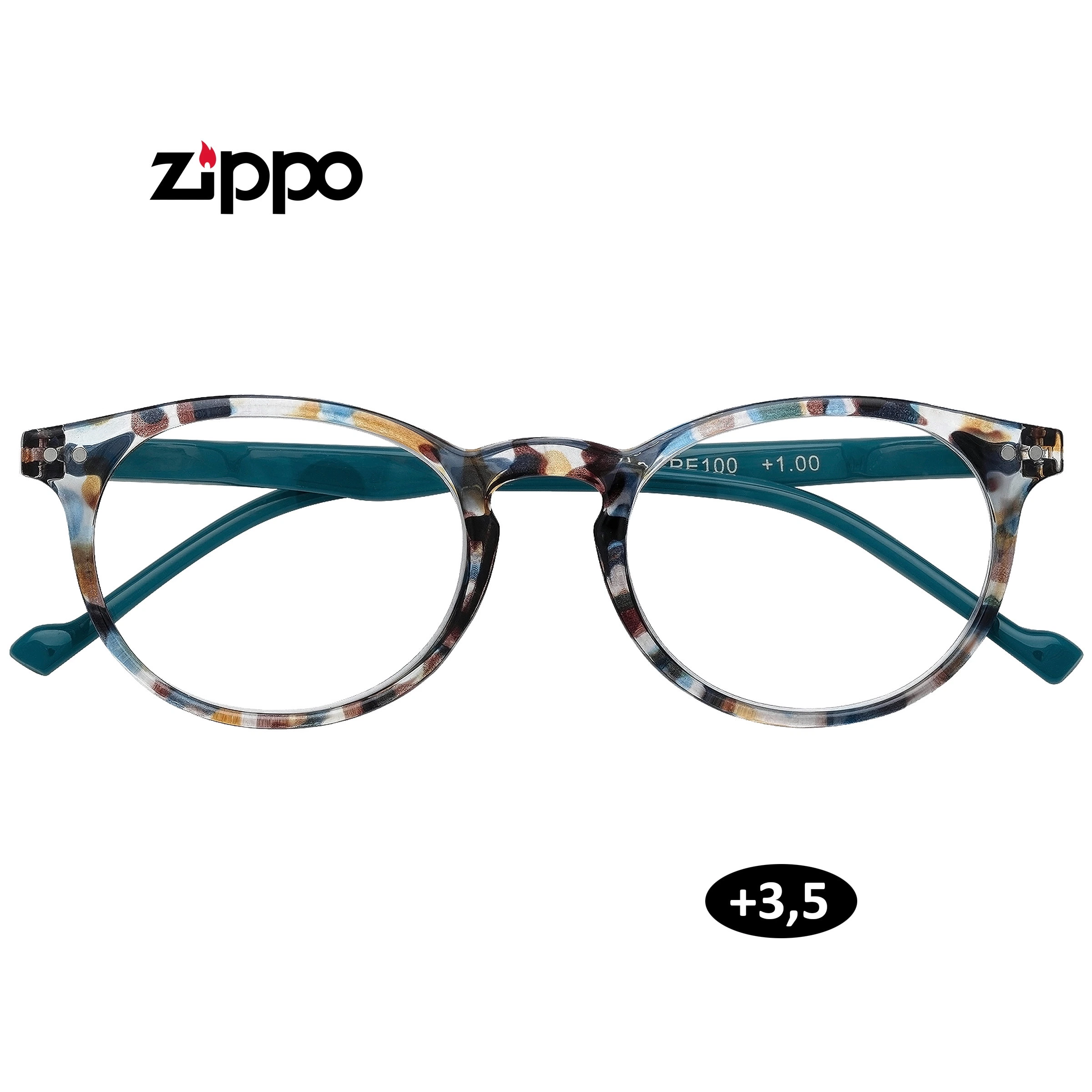 Gafas de lectura Zippo de frente, con montura moteada multicolor, patillas verde azulado y distintivo de graduación +3,5.