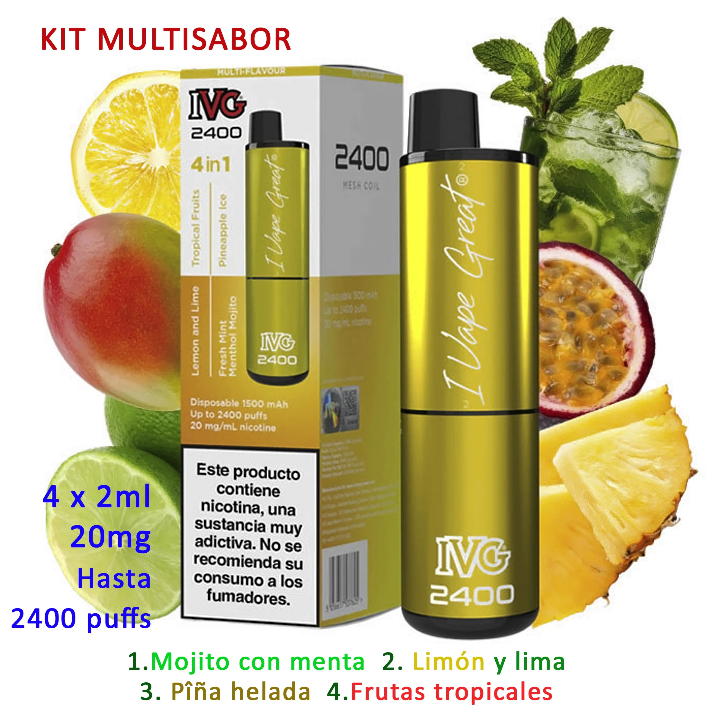 Vaper IVG 2400 Yellow Edition dorado junto a su caja, rodeado de frutas y un vaso con lima y menta; el anuncio indica cuatro sabores.
