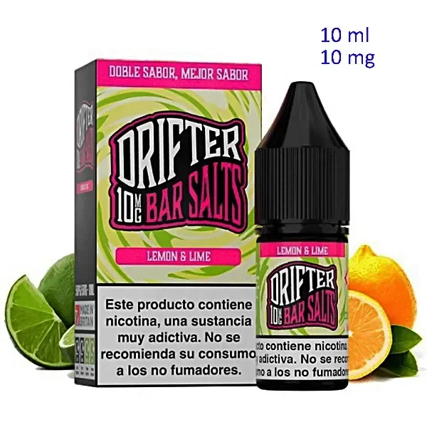 Frasco Drifter Bar Salts Lemon Lime con tapón negro junto a su caja verde y rosa, limón y lima; texto visible de 10 ml y 10 mg.
