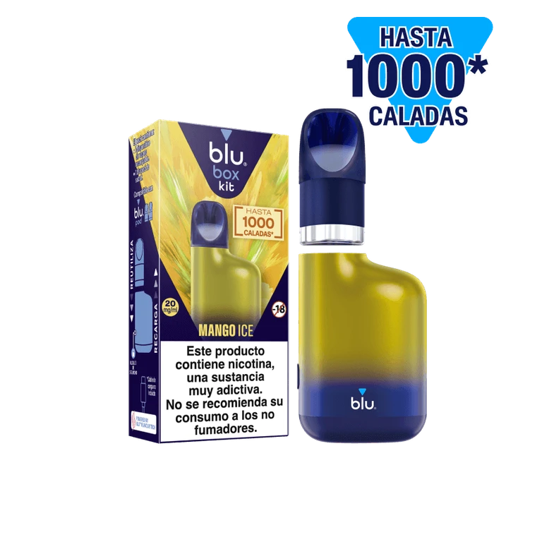 Blu Box Kit Mango Ice amarillo y azul junto a su caja, con el cartucho separado sobre el dispositivo y advertencia de nicotina, sobre fondo negro.