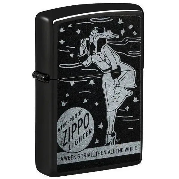 Encendedor Zippo negro cerrado, visto en perspectiva, con ilustración plateada de una mujer con vestido al viento y texto «Wind-proof Zippo Lighter».
