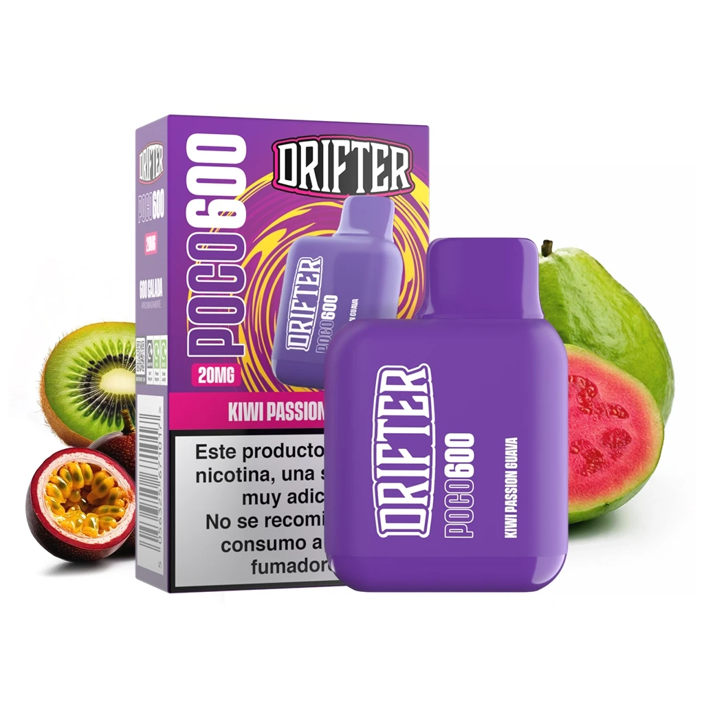Vaper morado Drifter Poco 600 Kiwi Passionfruit Guava junto a su caja, con kiwi, maracuyá y guayaba alrededor.