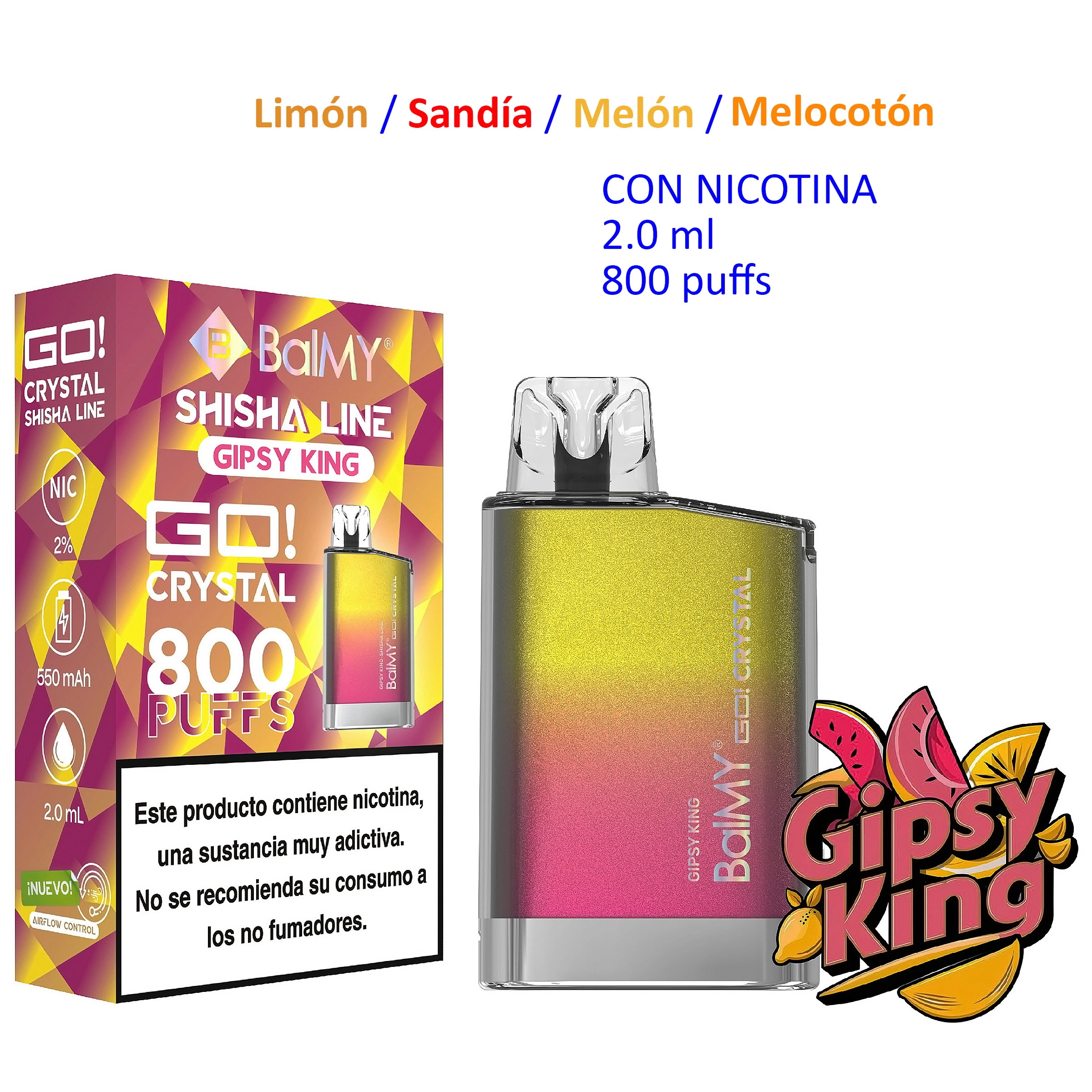 Vaper BALMY GO CRYSTAL Gipsy King con degradado amarillo y rosa junto a su caja; el anuncio indica nicotina, 2,0 ml y 800 caladas.