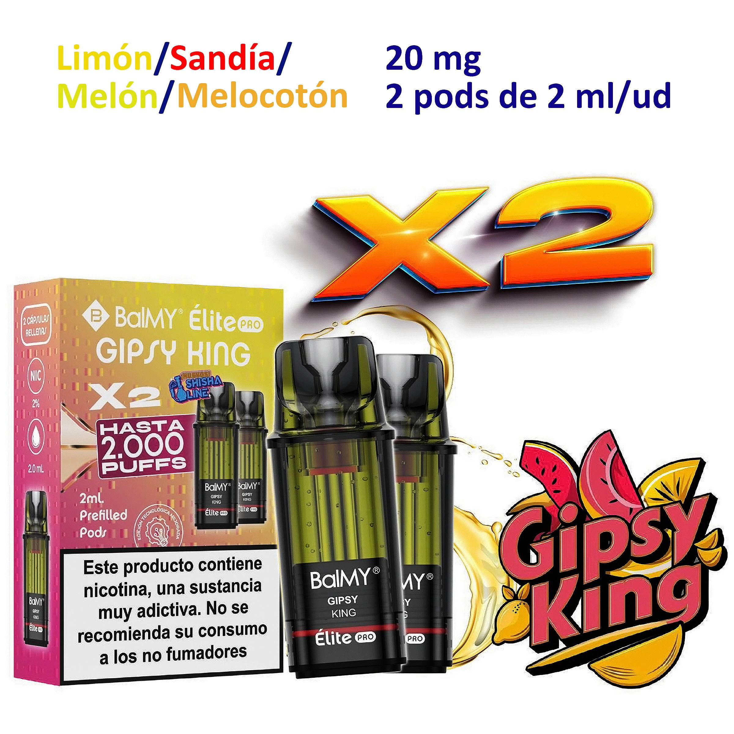 Pods Gipsy King BALMY ÉLITE PRO junto a su caja, con dibujos de frutas y textos de 20 mg, 2 pods de 2 ml y limón, sandía, melón y melocotón.