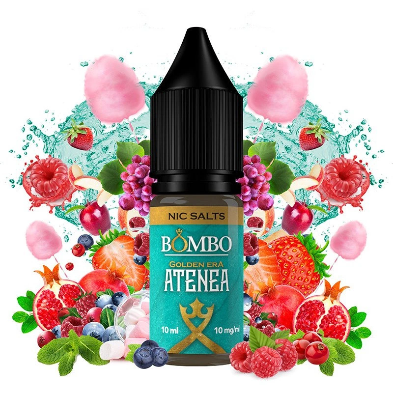 Frasco de Atenea Golden Era Nic Salts by Bombo con etiqueta turquesa y tapón negro, rodeado de frutas y algodón de azúcar rosa.