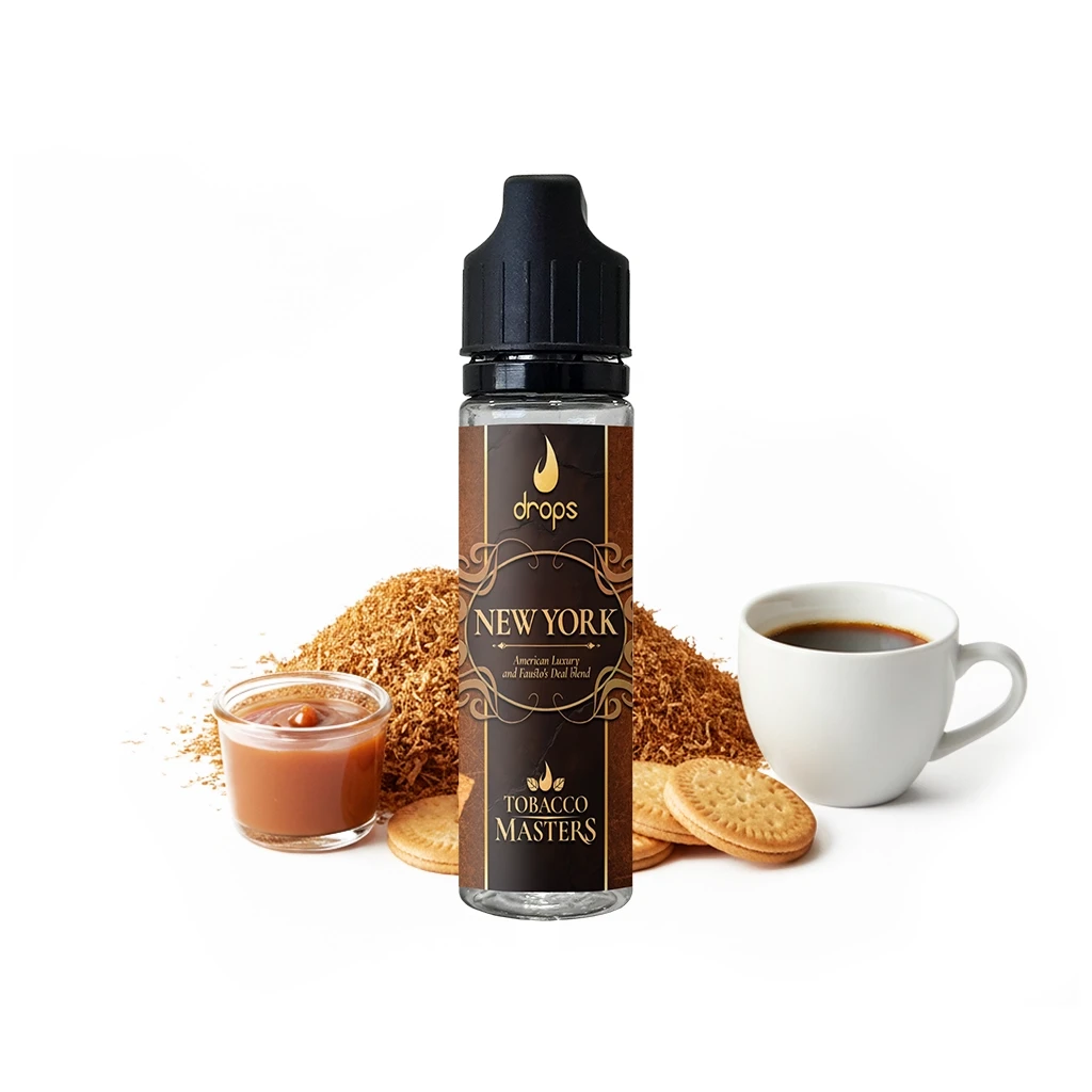 Frasco Drops Tobacco Masters New York con tapón negro y etiqueta marrón, junto a una taza de café, galletas, caramelo y tabaco picado.