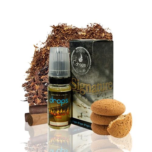 Frasco de líquido Drops Signature Fausto's Deal junto a su caja, con hojas de tabaco, cigarros y galletas sobre fondo blanco.