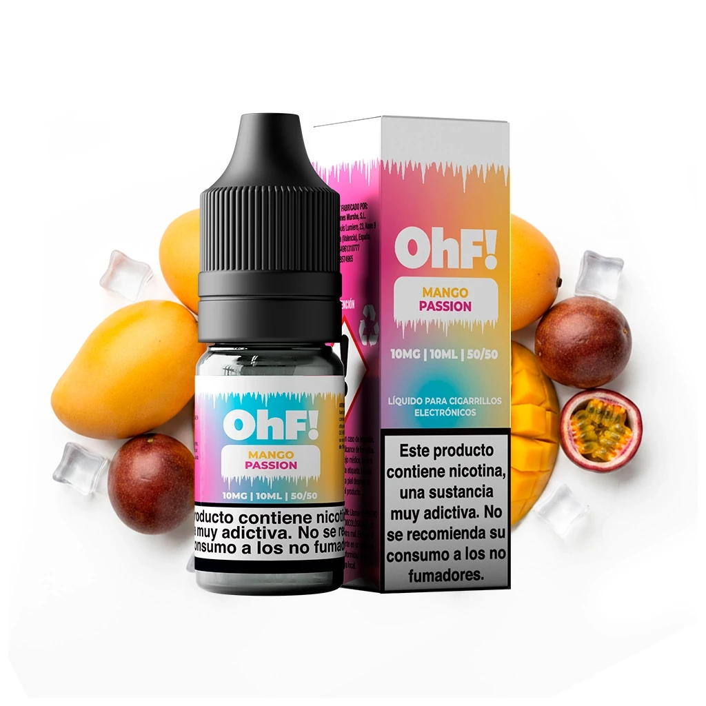 Frasco y caja de OhF! Mango Passion con etiquetas multicolor y advertencia sobre nicotina, rodeados de mango, maracuyá y cubitos de hielo.
