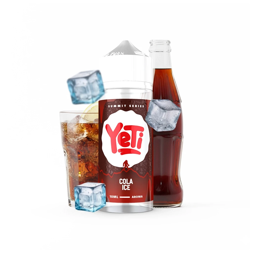 Frasco Yeti Summit Series Cola Ice con tapón blanco y etiqueta roja, junto a una botella de cola, un vaso con limón y cubitos de hielo.