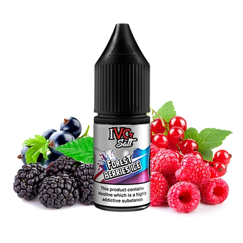 Frasco IVG Salts Forest Berries Ice con tapón negro, rodeado de moras, frambuesas, grosellas y hojas verdes sobre fondo blanco.