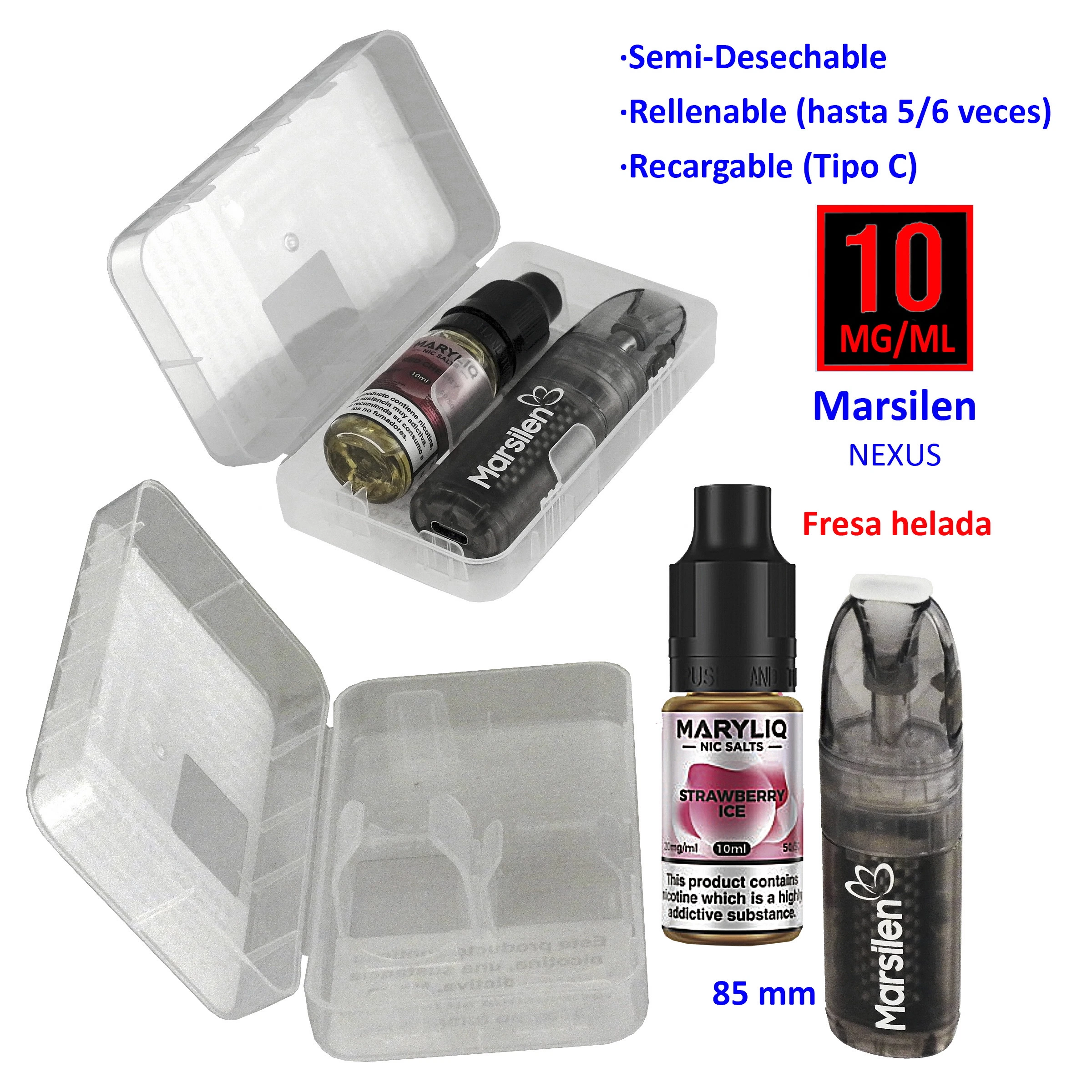 Montaje del vaper Marsilen NEXUS, frasco MARYLIQ Strawberry Ice y estuche abierto, con texto de 10 mg/ml y recarga tipo C.