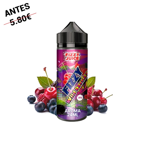Frasco de Fizzy Juice Wildberries con tapón negro y etiqueta morada que indica aroma de 24 ml, rodeado de frutos rojos y oscuros.