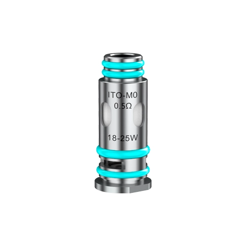 Resistencia Voopoo ITO M0 plateada con juntas turquesas e inscripciones de 0,5 Ω y 18–25 W, sobre fondo blanco. Resistencia Voopoo ITO M0 plateada con juntas turquesas e inscripciones de 0,5 Ω y 18–25 W, sobre fondo blanco.