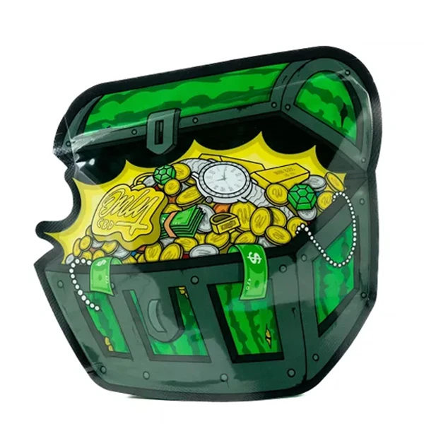 Envase de OnlyCBD Tiny Gems con silueta de cofre verde abierto y dibujos de monedas, billetes y joyas sobre fondo blanco.